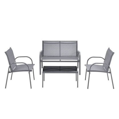 Tuinset – Tuinmeubelset – Bistroset – Loungeset – Balkonset – Stalen Frame – Glasplaat Tafel – Lichtgrijs – 2 Persoons Bank – 2 Stoelen