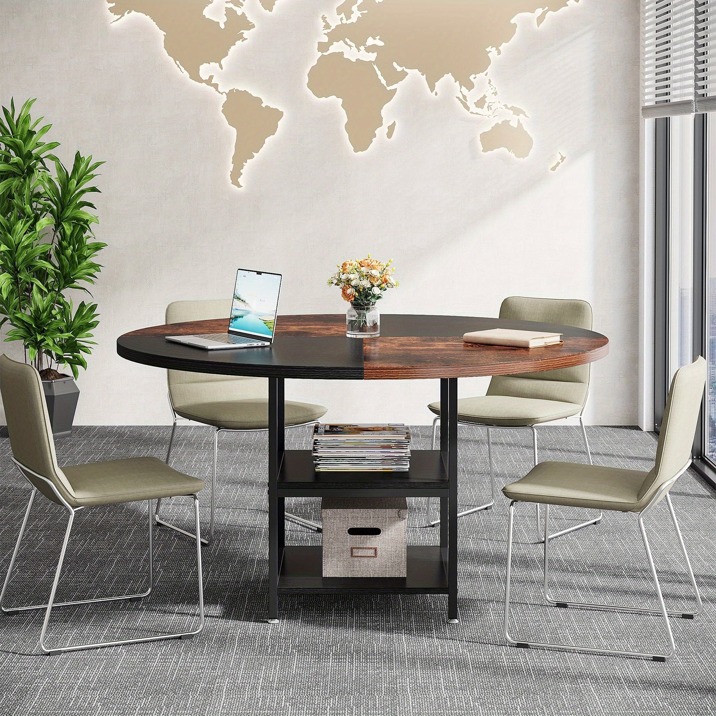 Vergadertafel – Conferentietafel – Bureautafel – Trainingszaaltafel – Kantoortafel – Ronde 120 cm – Engineered Wood Met Opbergruimte – Stevige Metalen Poten – Zwart Bruin Modern Design