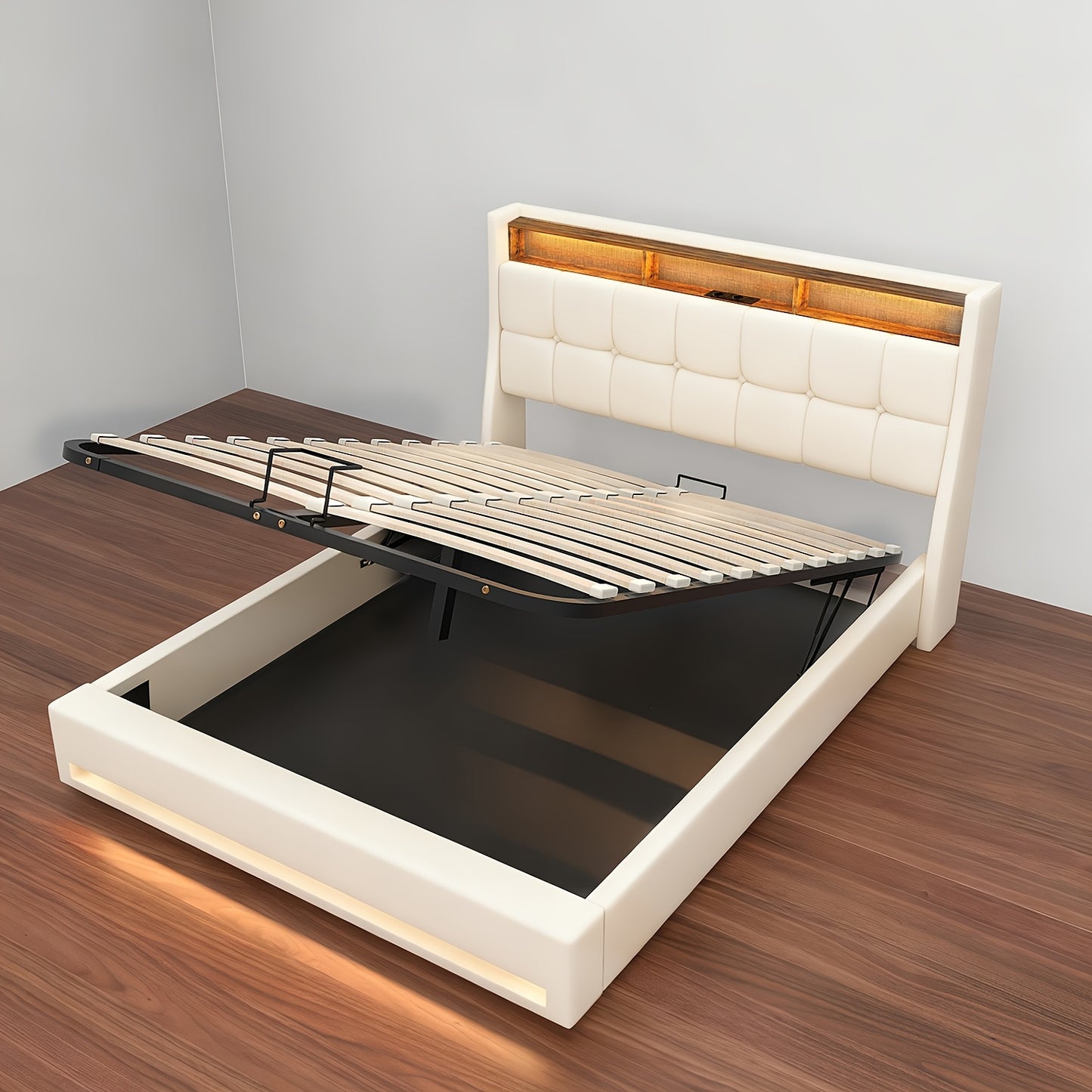 Linnen Bedframe – Tweepersoonsbed – Opbergbed – Slaapkamerbed – Ottoman Bed – 140x200 cm – Hydraulische Lift – USB LED Hoofdbord Verlichting