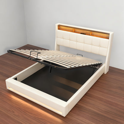 Linnen Bedframe – Tweepersoonsbed – Opbergbed – Slaapkamerbed – Ottoman Bed – 140x200 cm – Hydraulische Lift – USB LED Hoofdbord Verlichting