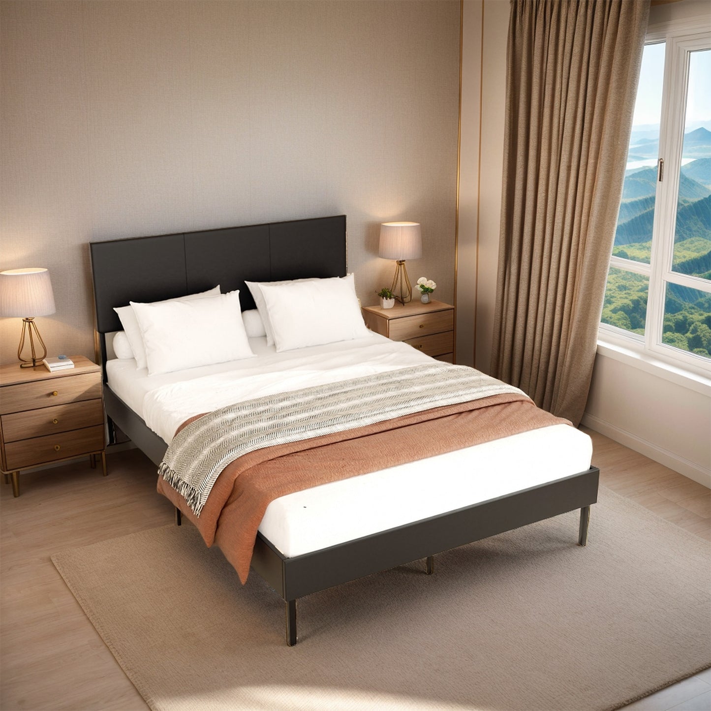 Bed Frame High Headboard 120*200Cm/140*200Cm Robust Bed Frame Maximum Load Capacity 350Kg for Bedroom Bed Faux Leather Fabric