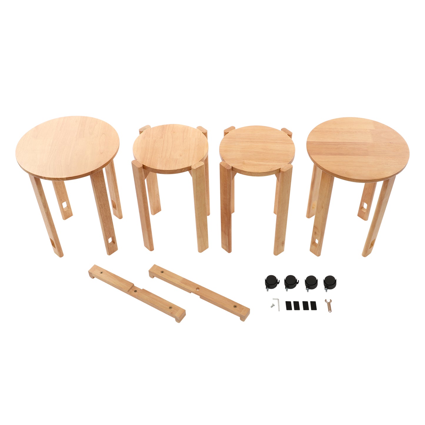 StapKrukken – Houten Kruk Set – Ronde Zitkrukken – Barkrukken – Bijzetkruk – Stapelbaar Ontwerp – Met Wieltjes en Remmen – Massief Rubberhout – Compact en Flexibel
