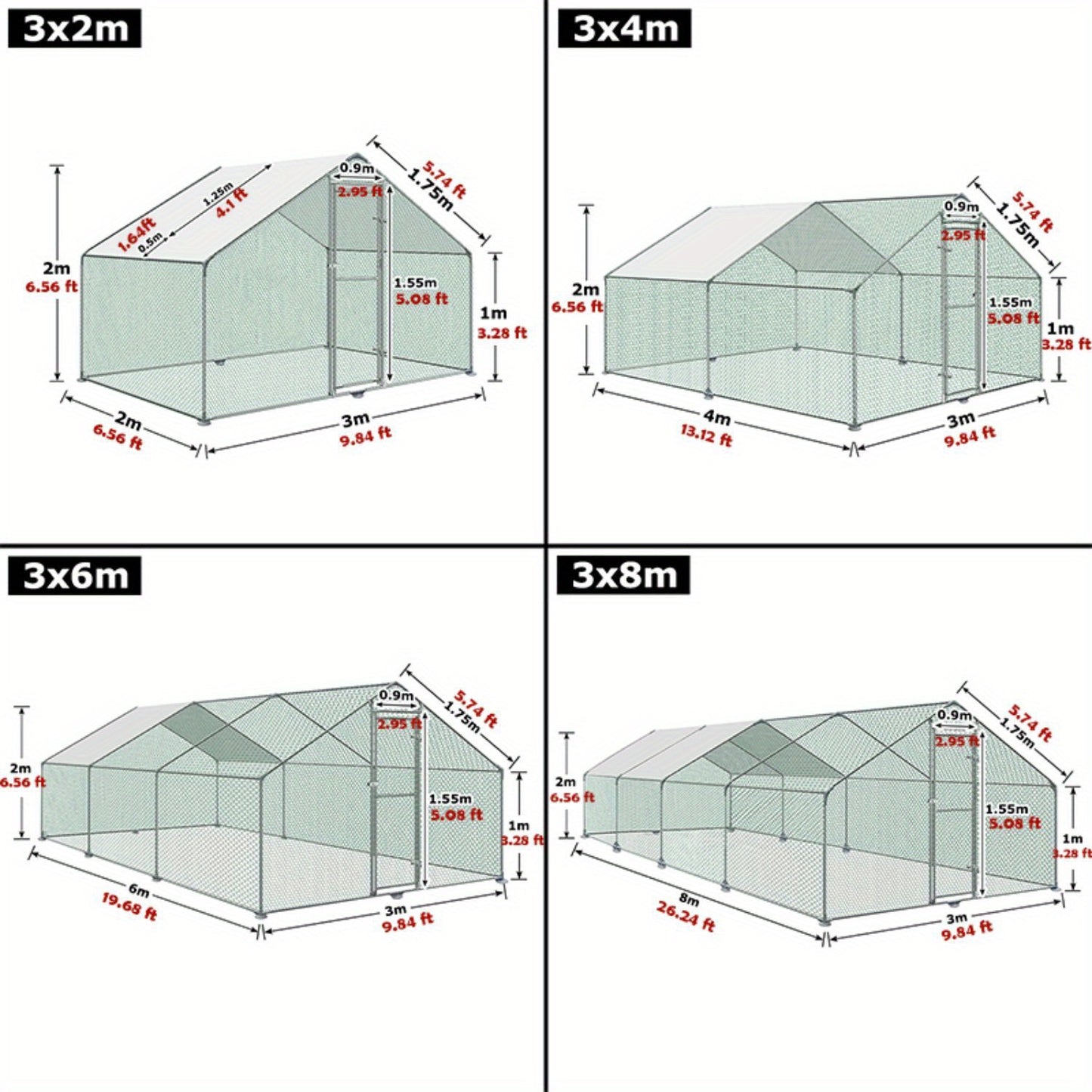 Kippenren – Kippenhok – Buitenren – Pluimveeverblijf – Vogelkooi – 3 x 8 x 2 Meter – Gegalvaniseerd Stalen Frame – UV- en Waterbestendig PE Zonnedak