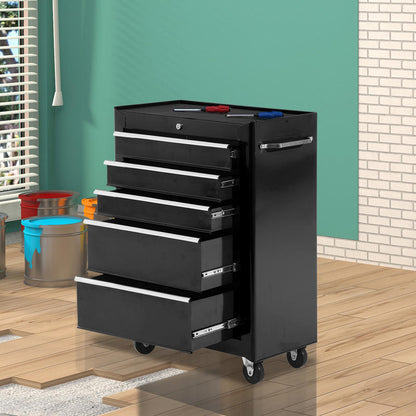 5-Drawer Heavy-Duty Steel Tool Cabinet with Lockable Storage & Smooth-Rolling Casters - Black Modern Mobile Toolbox with Top Work Surface, Spacious Drawers for Garage, Workshop, Construction Site Organization - Durable Work T