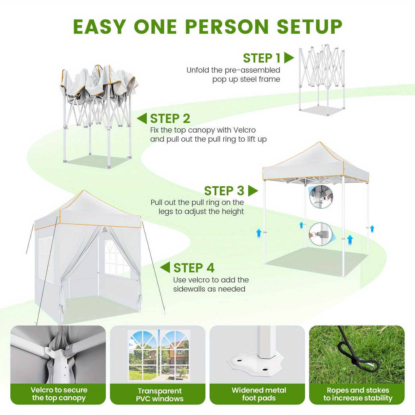 Partytent – Feesttent – Tuintent – Paviljoen – Vouwtent – Pop-up – 2×2m – Waterdicht Polyester Oxford – 4 Zijwanden Met UPF50+ Bescherming – Verstelbare Hoogte & Versterkt Zevenhoekig Stalen Frame