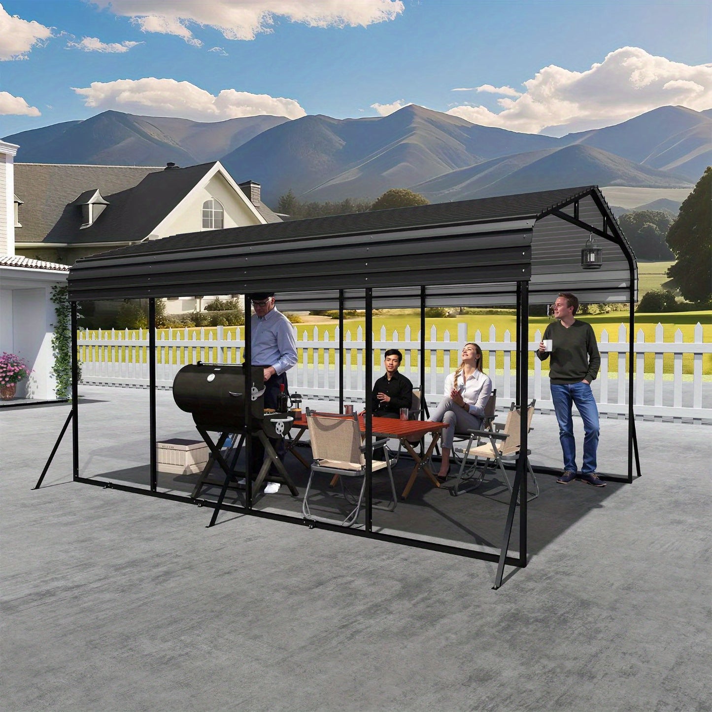 Metalen Carport – Garage Tent – Voertuig Overkapping – Parkeerschuur – Auto Schuilplaats – Extra Groot 600x370x260 cm – Gegalvaniseerd Staal Frame – UV-Bescherming & Weerbestendig