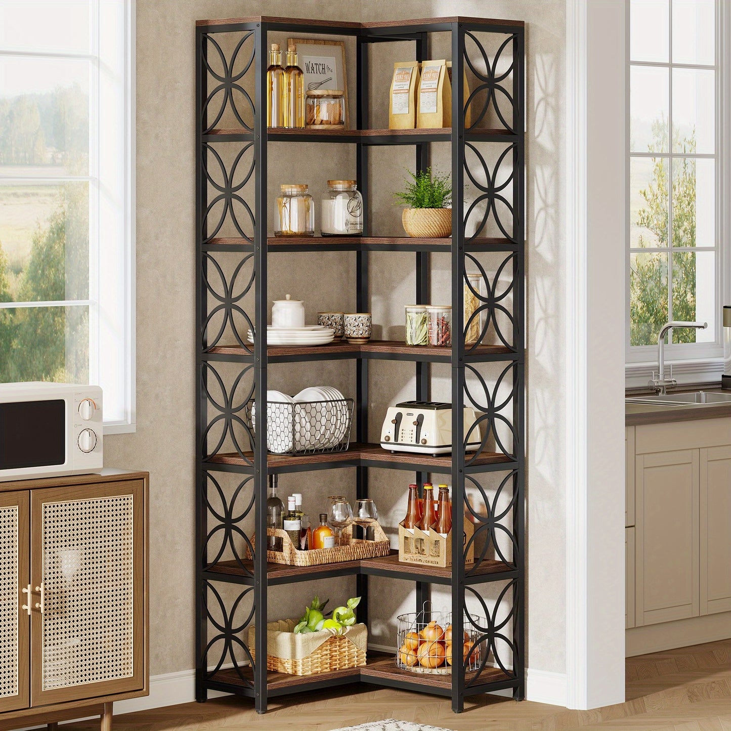 79-Inch Tall 7-Tier L-Shaped Corner Bookcase with Metal Frame - Heavy-Duty Freestanding Storage Shelf, Space-Saving Curved Design, Engineered Wood & Metal Construction, Contemporary Modern Style in Rustic Brown & Black for Li