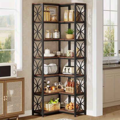 79-Inch Tall 7-Tier L-Shaped Corner Bookcase with Metal Frame - Heavy-Duty Freestanding Storage Shelf, Space-Saving Curved Design, Engineered Wood & Metal Construction, Contemporary Modern Style in Rustic Brown & Black for Li
