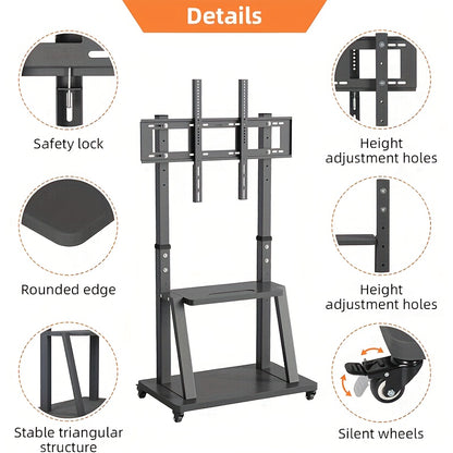 TV Meubel Mobiel – Mobiele TV Standaard – TV Trolley – Verrijdbare TV-Standaard – Verrijdbaar TV-Meubel – voor 32-100 inch Schermen – Verstelbare Hoogte – Stevig Metaal – max. 80 kg Draagkracht – 2 Opberglepels – VESA tot 800x600 mm