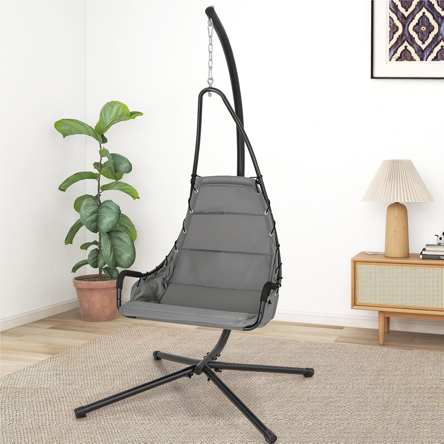 Hangstoel – Schommelstoel – Hangg Chair – Zitzakstoel – Relaxstoel – Stevig Metalen Frame – Comfortabel Gewatteerd Kussen – Max Draagkracht 120 kg – Grijs