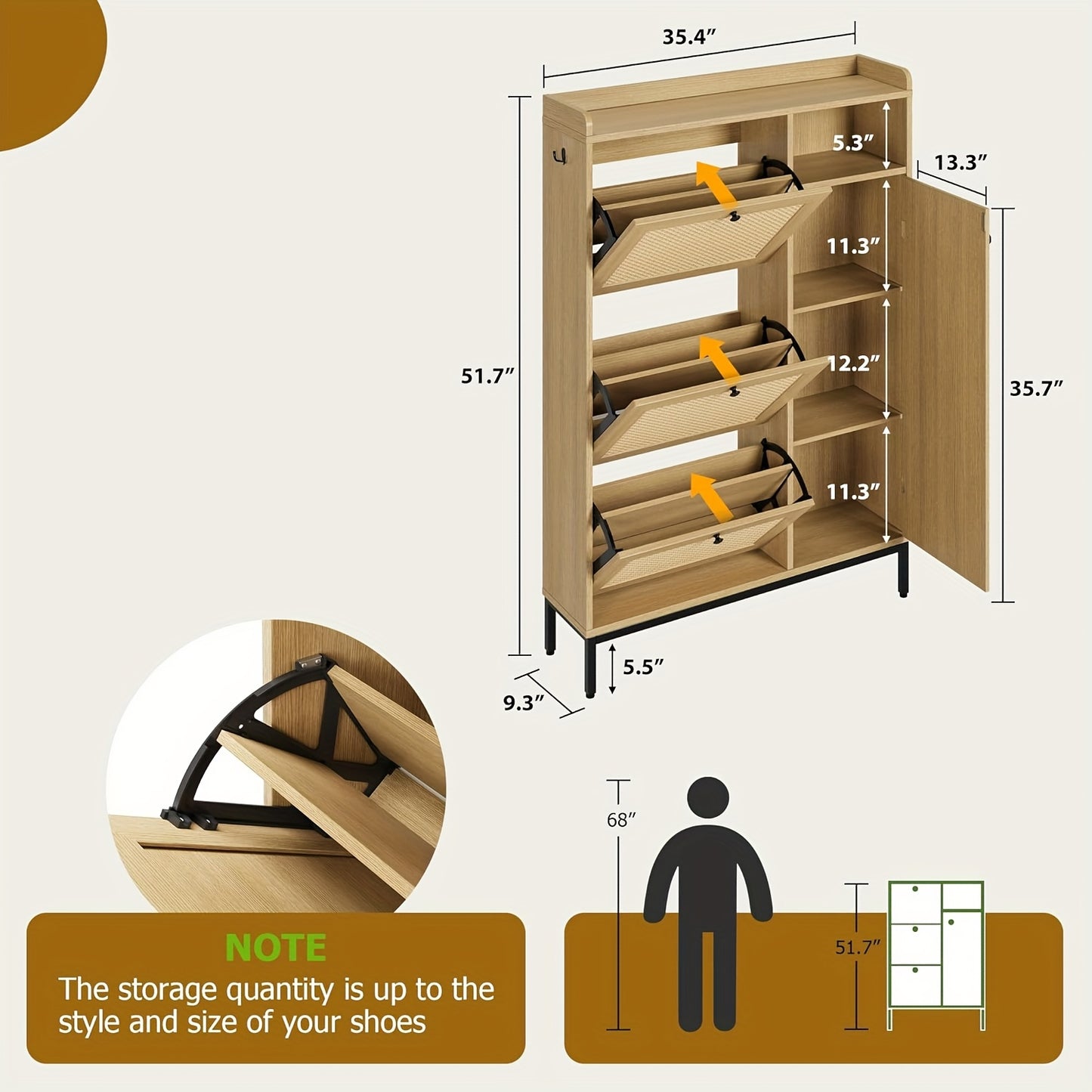 Shoe Cabinet Rattan with 3 Flip Drawers And 4-Tier Shoe Storage Cabinet, Freestanding Shoe Organizer with Adjustable Shelves for Entryway, Closet, Hallway