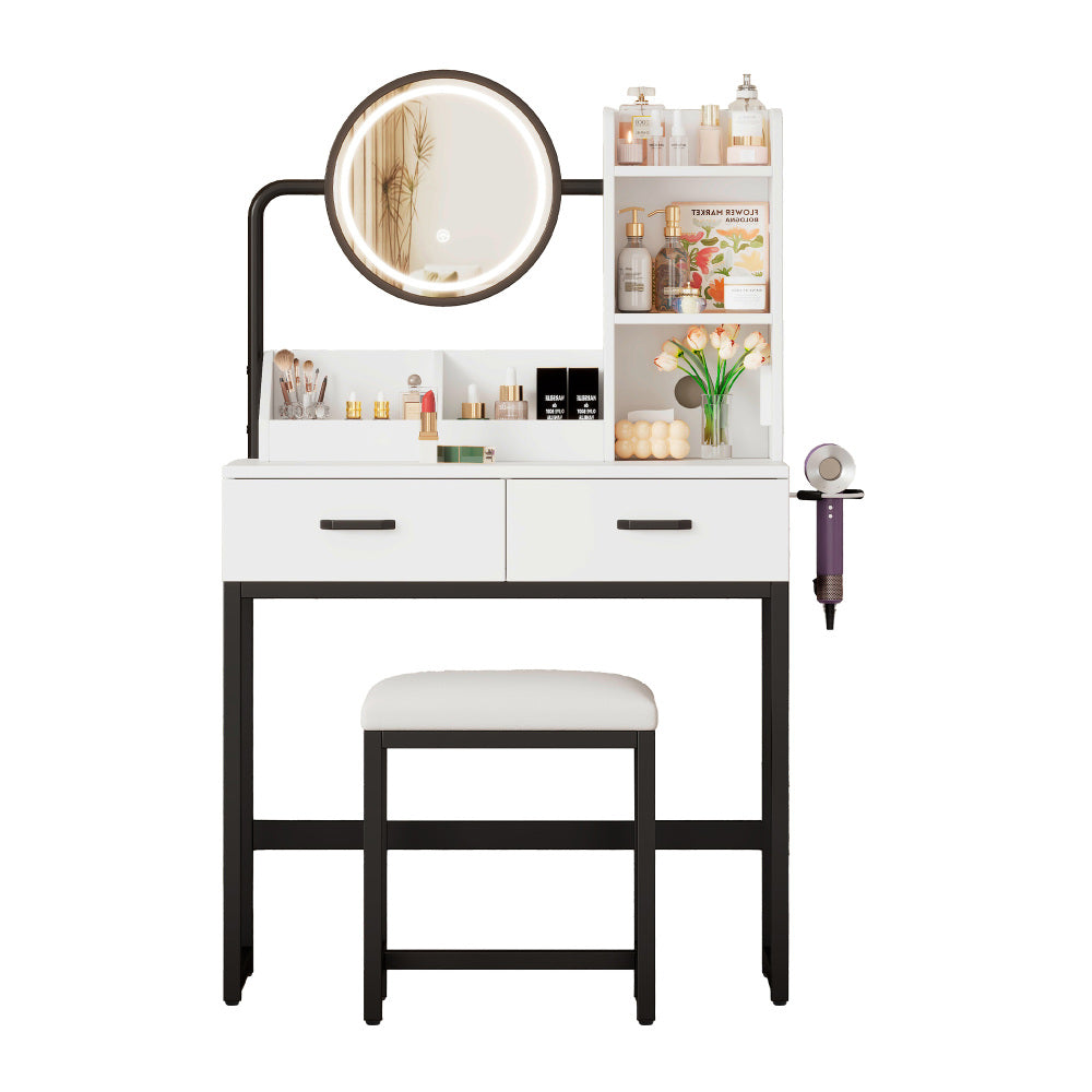 Make-up Tafel – Kaptafel – Schminktisch – Make-up Bureau – Vanity Set – Compact Formaat – Verstelbare Kruk Met Draaifunctie – Zwart Metalen Poten – 2 Lades & 2 Open Vakken – Kantelbare Spiegel – 80x138,5x40 cm