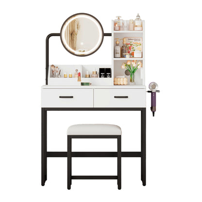 Make-up Tafel – Kaptafel – Schminktisch – Make-up Bureau – Vanity Set – Compact Formaat – Verstelbare Kruk Met Draaifunctie – Zwart Metalen Poten – 2 Lades & 2 Open Vakken – Kantelbare Spiegel – 80x138,5x40 cm