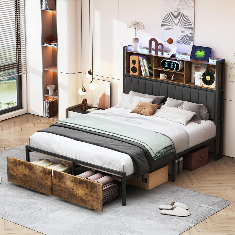 Opbergbed – Tweepersoonsbed – Bedframe – Slaapbank – Boxspring – 180x200 cm – LED Verlichting Hoofdeinde – USB Laadpoort