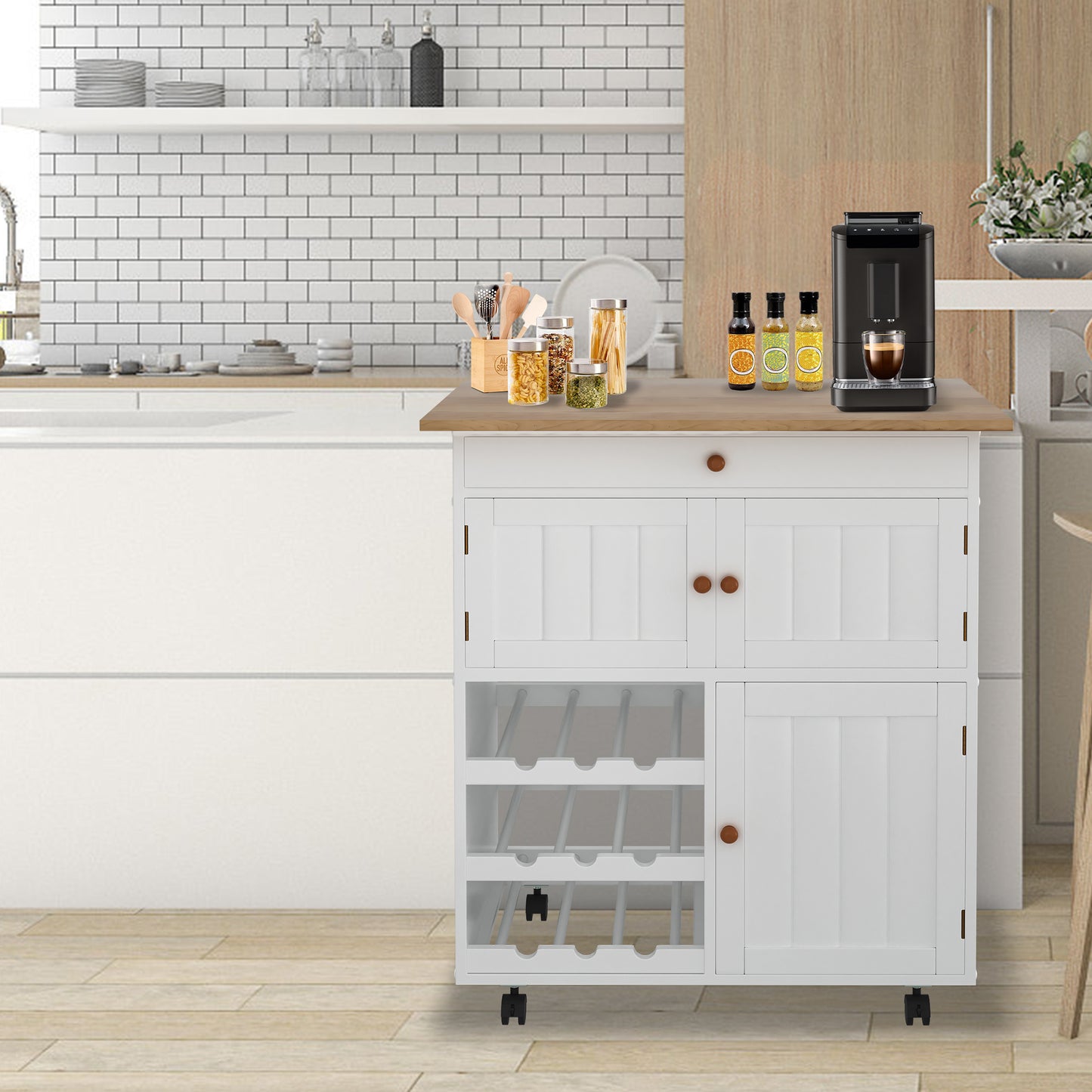 Keukenwagen – Mobiele Keukentrolley – Keukenwagen op Wieltjes – Keukenkastje – Keukenkar – Wit – Compact 68x39x85 cm – Met Werkblad en Remmen