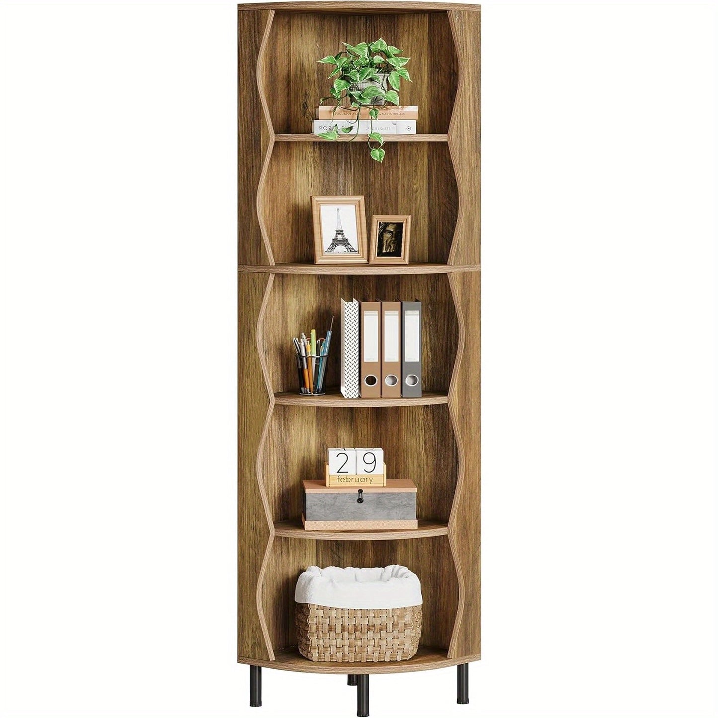 Boekenrek – Boekenkast – Boekenplank – Wandrek – Opbergkast – 5-Lagen Hoekplank – Hoog 182 cm – Stevig MDF Metalen Frame – Space-Saving Design Rustiek Bruin