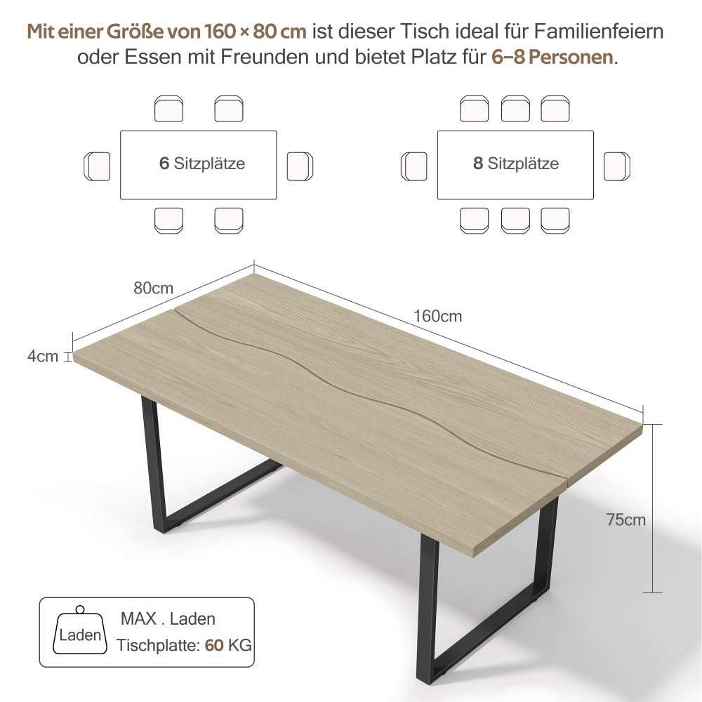 Industriële Eettafel – Robuuste Tafel – Family Dining – Horeca Tafel – Rustieke Eettafel – Natuurlijk Kleur – 160×80 cm – Stevig Metalen Frame – Geschikt Voor 6-8 Personen