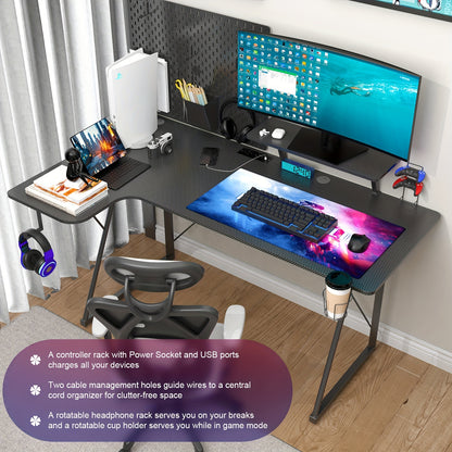 Gaming Tafel – Game Bureau – Werkplek Bureau – Gaming Desk – Computer Tafel – Zwart – Ergonomisch Design – Carbon Fiber Bovenblad – 150x90-40x75 cm – 150 kg Draagvermogen – Inclusief Controllerhouder & Koptelefoonhaak