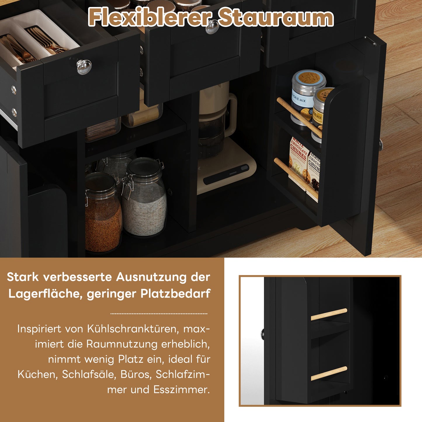 Keukentrolley – Keukenwagen – Serveerwagen – Keukenkar – Werkbank – Uitschuifbaar Werkblad 40-70 cm – 3 Lades & Kastdeuren met Verstelbare Planken – Zwart