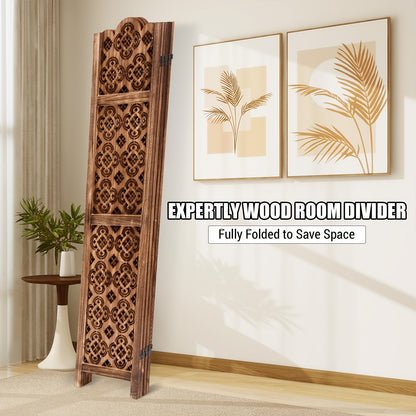 Carved Wood Room Divider Panel | Hardwood, Classic Style, Brown Color, Folding Screen for Home Office Garden Terrace - MERXENG