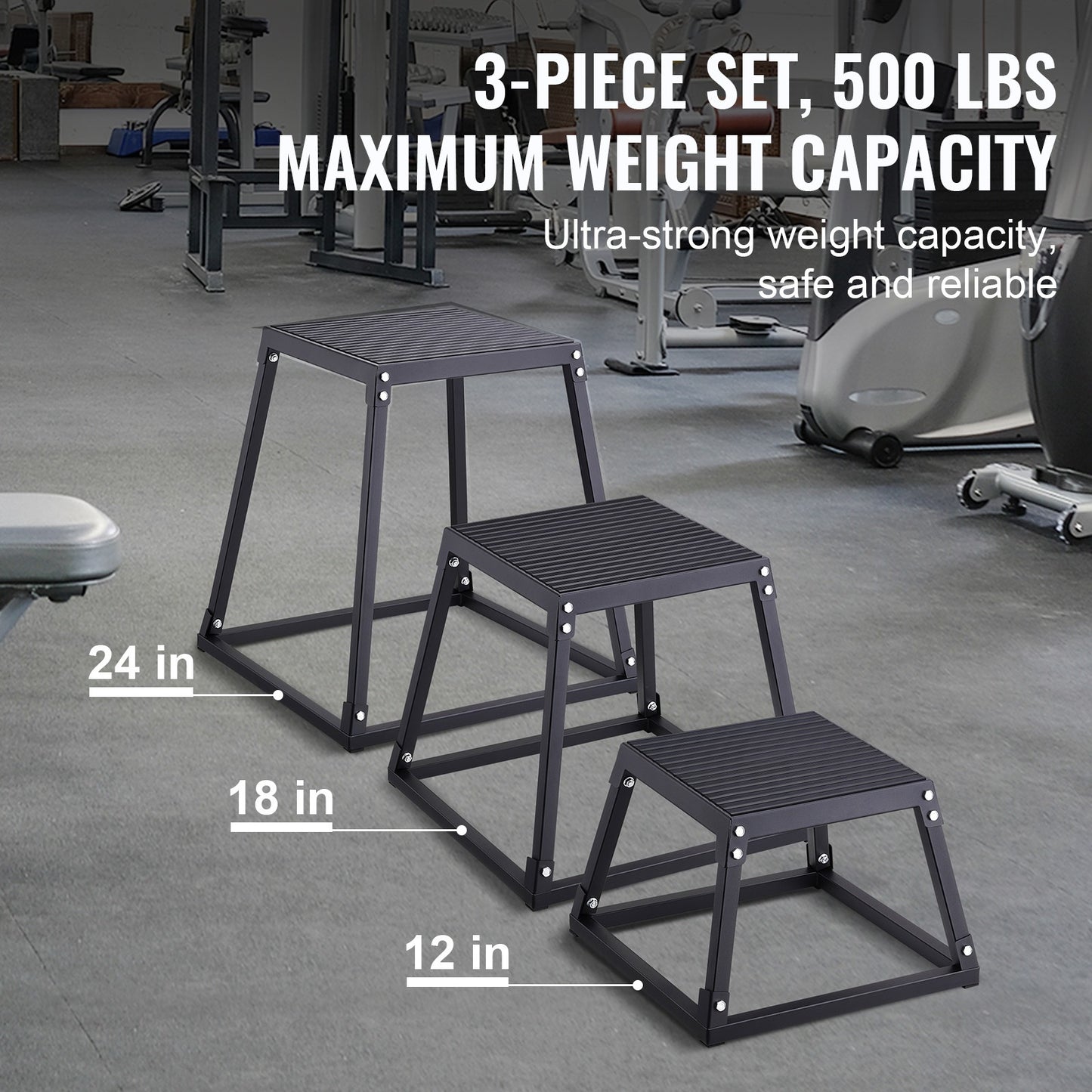 Plyometrische Jump Boxes – Plyo Box Set – Springbox – Fitness Stapelbox – Trainingsplatform – 3 Maten 30/45/60 cm – Anti-Slip Oppervlak – Stevig Metaal