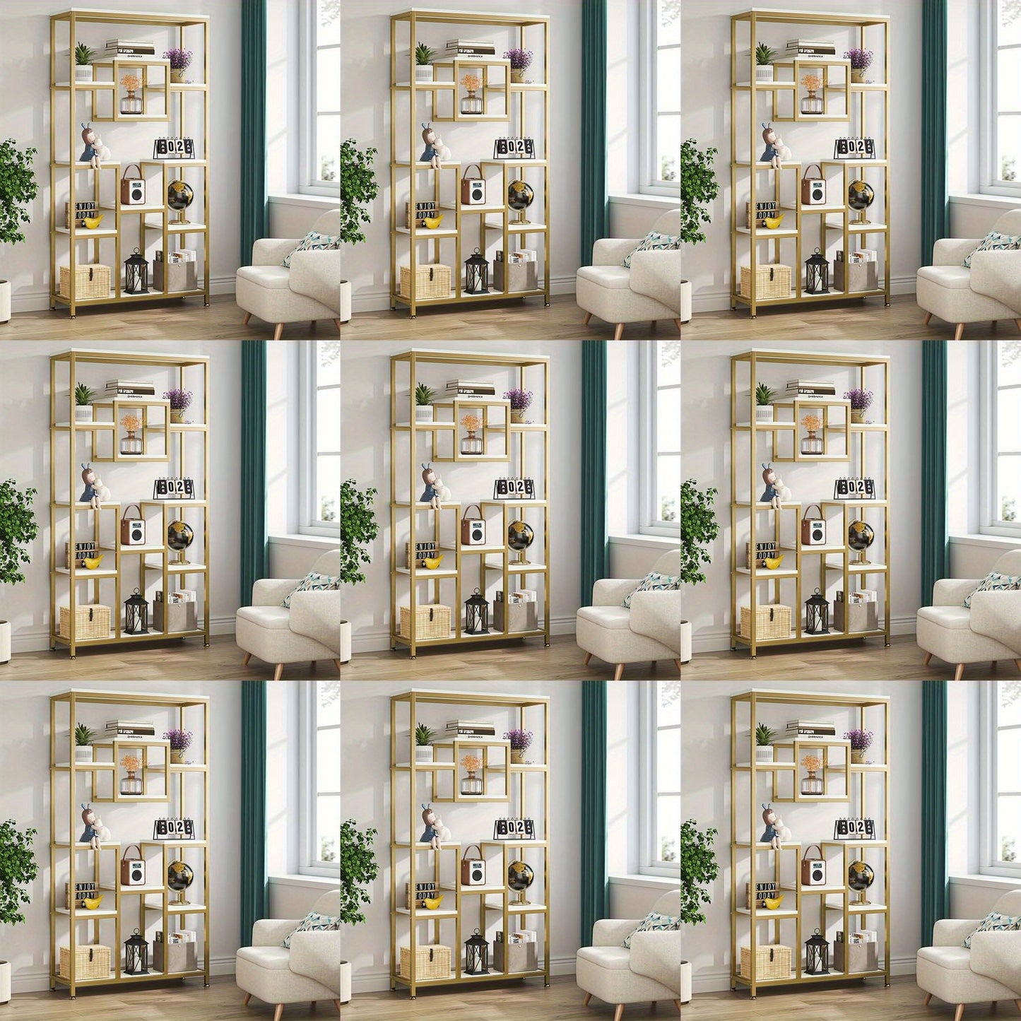 Golden & White 180.34cm Modern Tall Bookshelf - 11-Tier Large Heavy-Duty Bookcase with Geometric Cubed Design, Freestanding Open Shelving Unit, Sturdy Engineered Wood Construction, 68.58cm+ Height & 22.68 KG/Shelf Capacity, S