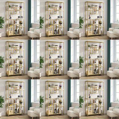 Golden & White 180.34cm Modern Tall Bookshelf - 11-Tier Large Heavy-Duty Bookcase with Geometric Cubed Design, Freestanding Open Shelving Unit, Sturdy Engineered Wood Construction, 68.58cm+ Height & 22.68 KG/Shelf Capacity, S