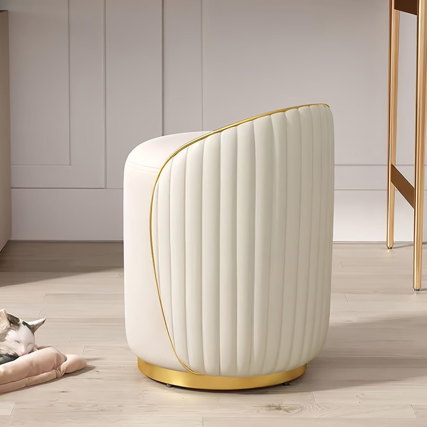 Modern 360° Swivel Makeup Stool with White & Golden Legs - Heavy-Duty Metal Frame & Leather-like Cover, Easy Assembly, Space-Saving Round Footrest, Stool for Living Room, Bedroom, Dressing Table - Multi-Functional Ottoman, U