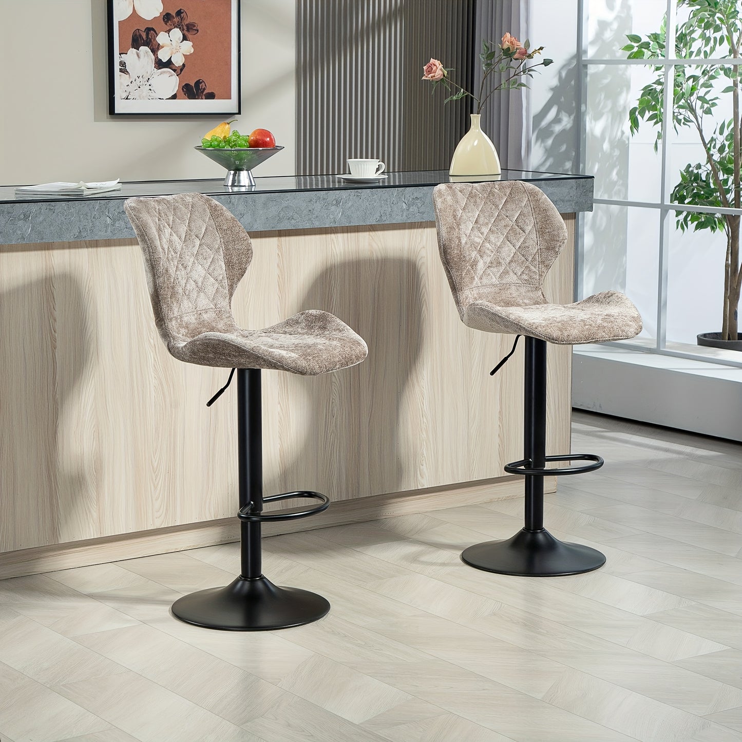 Barkrukken – Barstoelen – Keukenkrukken – Barkruk Set – Stoelen Met Rugleuning – Taupe Bruin – Verstelbaar – 360° Draaibaar