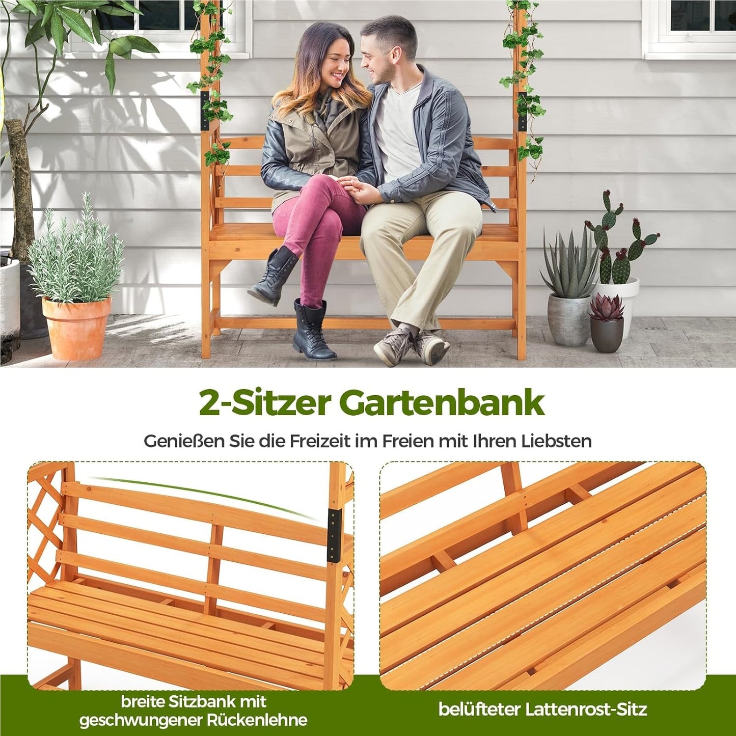 Rozenboog met Bank – Houten Tuinboog – Klimplantboog – Tuinbank met Klimrekken – Pergola Boog – Weerbestendig Hout – 160 x 50 x 199 cm
