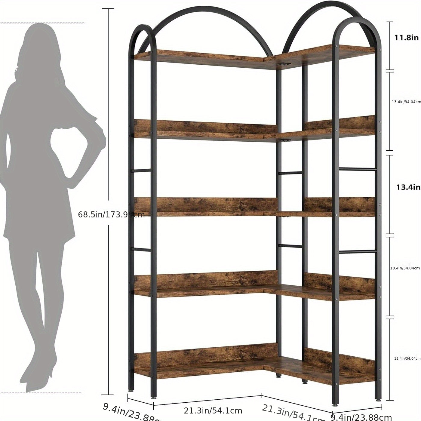 Hoekboekenkast – Hoekrek – Boekenplank – Opbergkast – Boekenkast – 173,99 cm Hoog – Verstelbare Planken – Stalen Frame – Industrieel Design – Zwart