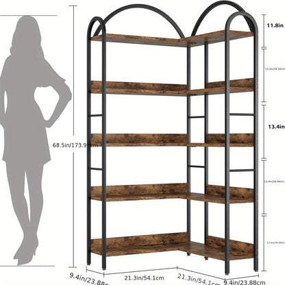 Hoekboekenkast – Hoekrek – Boekenplank – Opbergkast – Boekenkast – 173,99 cm Hoog – Verstelbare Planken – Stalen Frame – Industrieel Design – Zwart