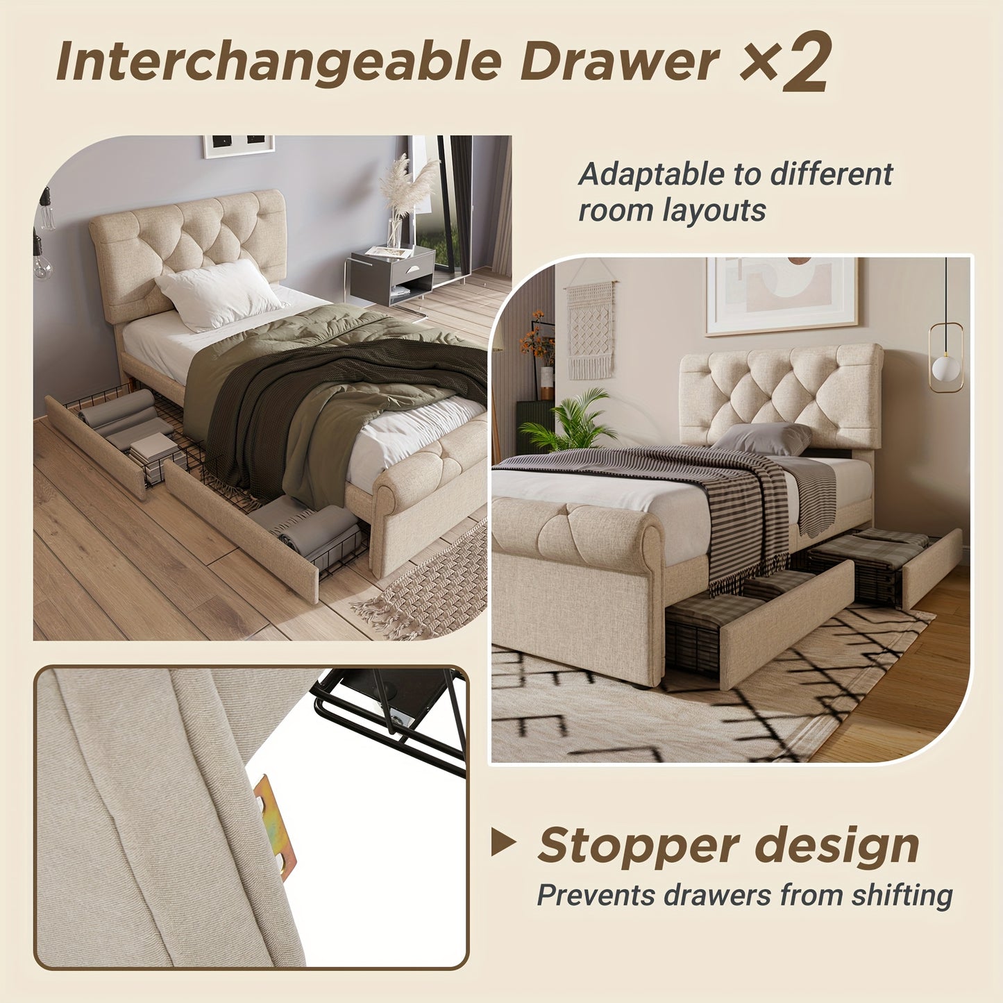 Eenpersoonsbed – Bed – Slaapbank – Logeerbed – Kinderbed – 90x200 cm – 2 Opberglades – Verstelbaar Hoofdeinde – Chesterfield Design – Natuurlijke Khaki Kleur