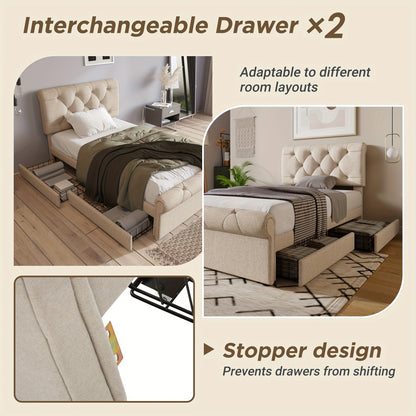 Eenpersoonsbed – Bed – Slaapbank – Logeerbed – Kinderbed – 90x200 cm – 2 Opberglades – Verstelbaar Hoofdeinde – Chesterfield Design – Natuurlijke Khaki Kleur