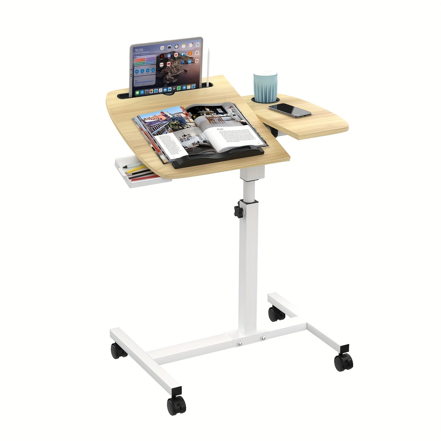 Mobile Side Table for Living Room & Home Office | Wooden Top, Lockable Wheels & Tiltable Ergonomic Design | Manual Height Adjustable 60-90cm, Scratch-Resistant Surface