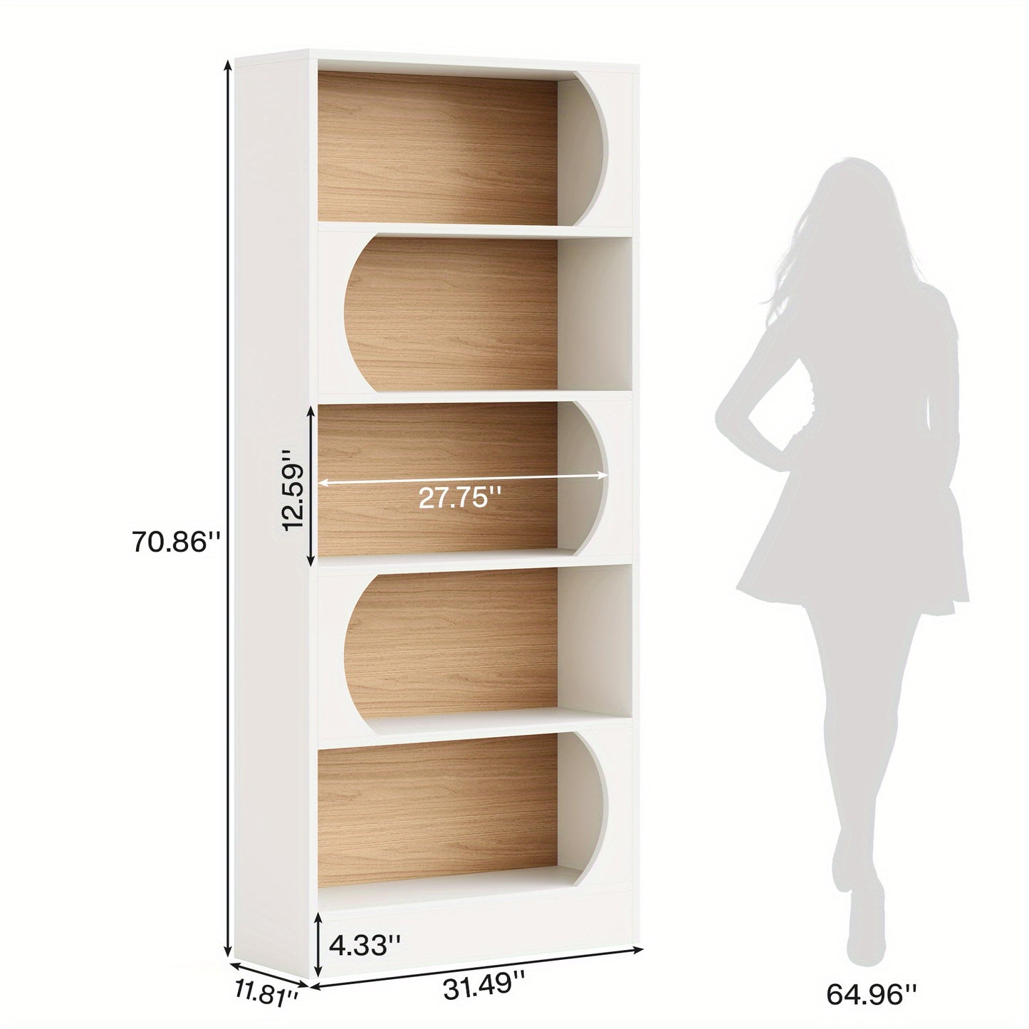 Boekenkast – Boekenrek – Opbergkast – Vakkenkast – Stellingkast – 6-Laags Wit – 180 cm Hoog – Stevig Spaanplaat – Vrijstaand Met Boogvormige Planken