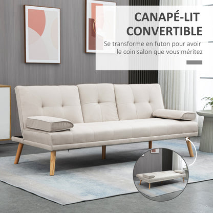 3-zits Slaapbank – Bedbank – Sleeper Sofa – Slaapbankje – Slaapzetel – Scandinavisch Design – Verstelbare Rugleuning in 3 Standen – Stevig Massief Populierenhout – Beige Linnen Bekleding