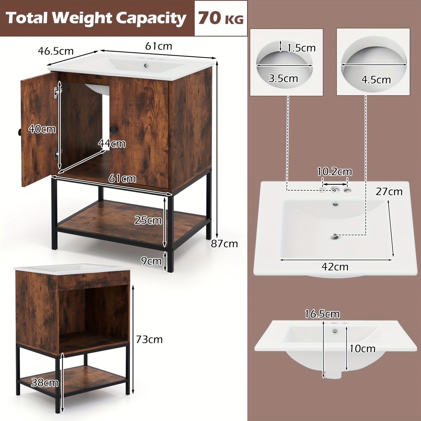 Badkamermeubel – Wastafelmeubel – Onderkast – Badkamerkast – Vrijstaand – Keramische Wastafel – Ruimtebesparend – Rustiek Bruin