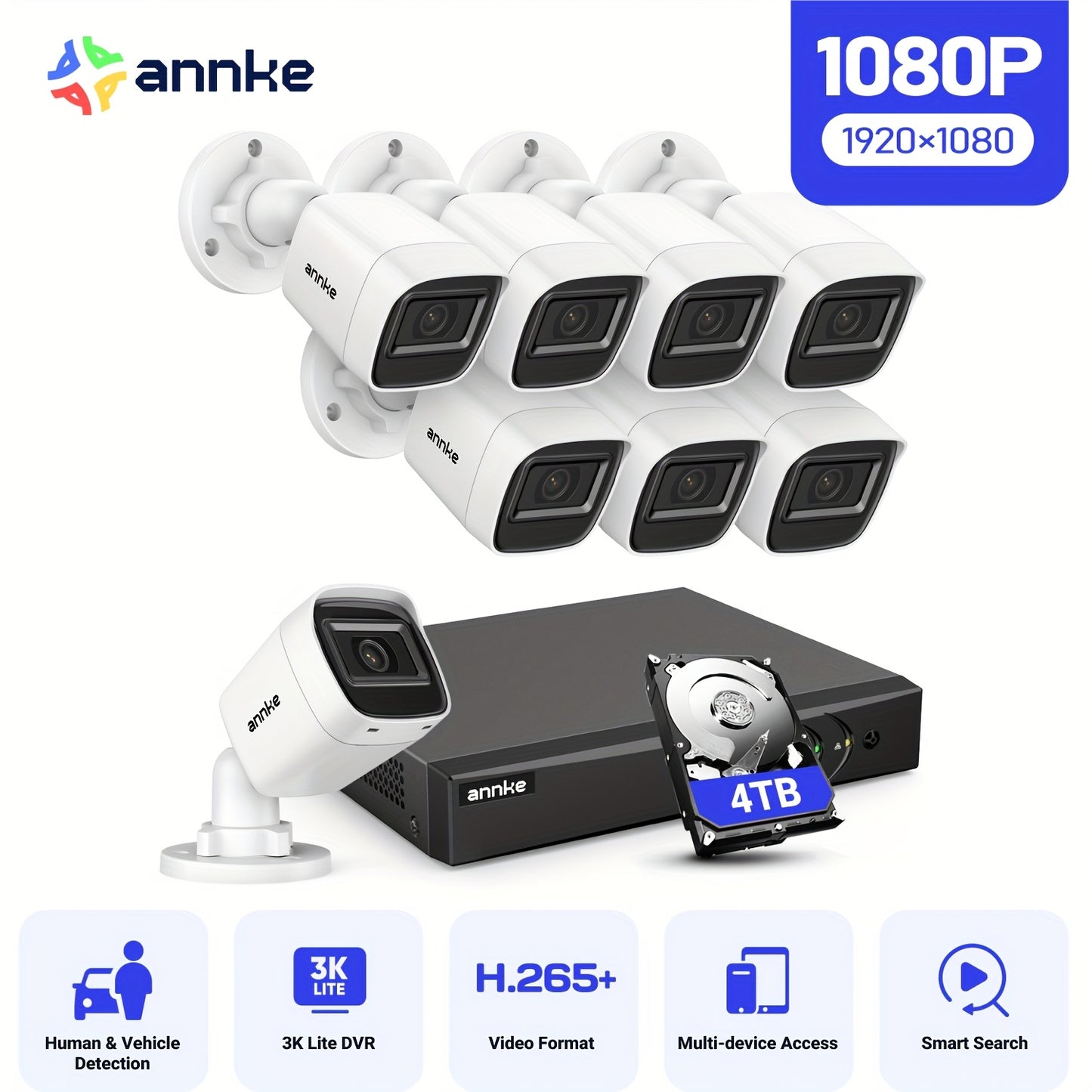 Beveiligingssysteem – CCTV Set – Bewakingscamera – Beveiligingscamera – 8 Kanaals DVR – 8x 1080p Camera’s – AI Bewegingsherkenning – H.265+ Opslag – 4TB HDD