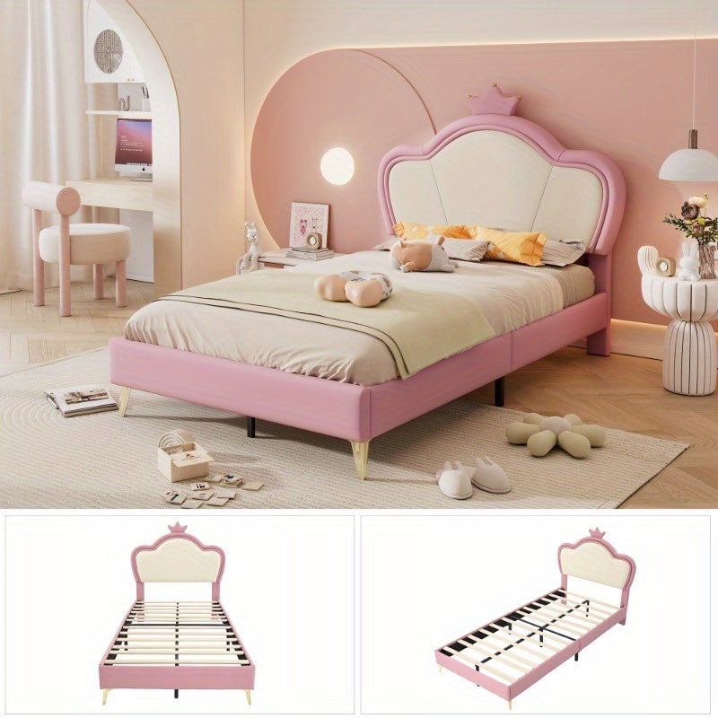 Upholstered Bed – Bedframe – Slaapbank – Bed Met Hoofdbord – Eenpersoonsbed – Roze Wit PU Bekleed – Veiligheidspadding – Metaal Metalen Poten – Elegant Contour Design – 90x200 cm
