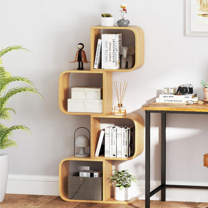 S-Shaped Bookshelf, Bamboo Cube Shelf, Geometric Decorative Shelf for Living Room, Study, Office