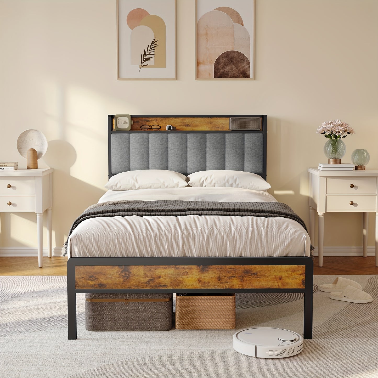 Bedframe – Bedbank – Eenpersoonsbed – Opbergbed – Gestoffeerd Bed – Lichtgrijs – Met Metalen Frame – Houten Lattenbodem – 120x200 cm – Comfortabel Hoofdeinde