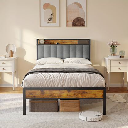 Bedframe – Bedbank – Eenpersoonsbed – Opbergbed – Gestoffeerd Bed – Lichtgrijs – Met Metalen Frame – Houten Lattenbodem – 120x200 cm – Comfortabel Hoofdeinde