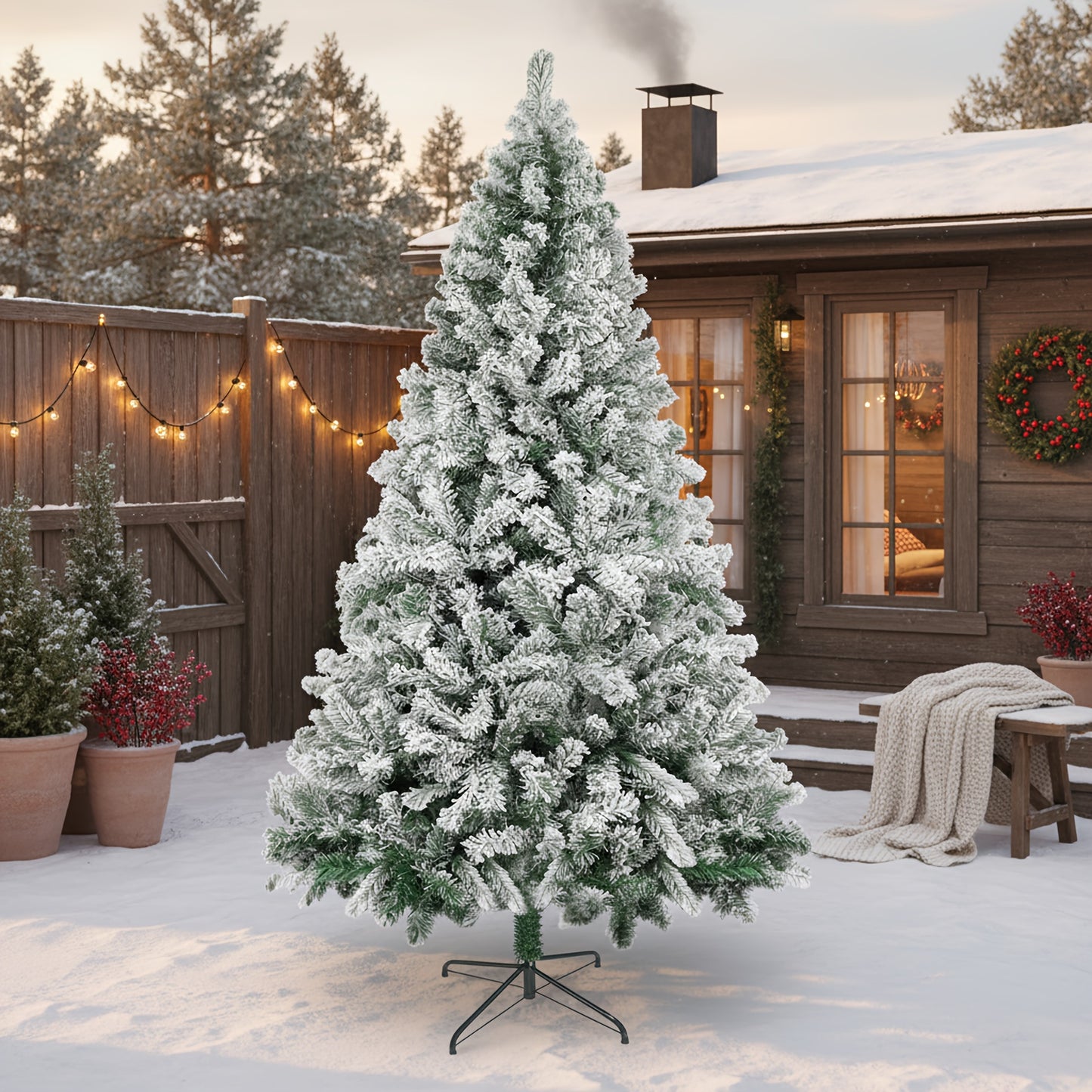 Kunstkerstboom – Kunstboom – Kerstboom Met Sneeuwvlokken – Nepspar – Flocked Kerstboom – 210 cm Hoog – Duurzaam PVC Met Inklapbare Metalen Stand