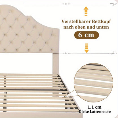 Gestoffeerd Bedframe – Bedombouw – Bedframe – Slaapbed – Bed – 140x190 cm – Verstelbare Hoofdsteun – Houten Lattenbodem – Beige Velours
