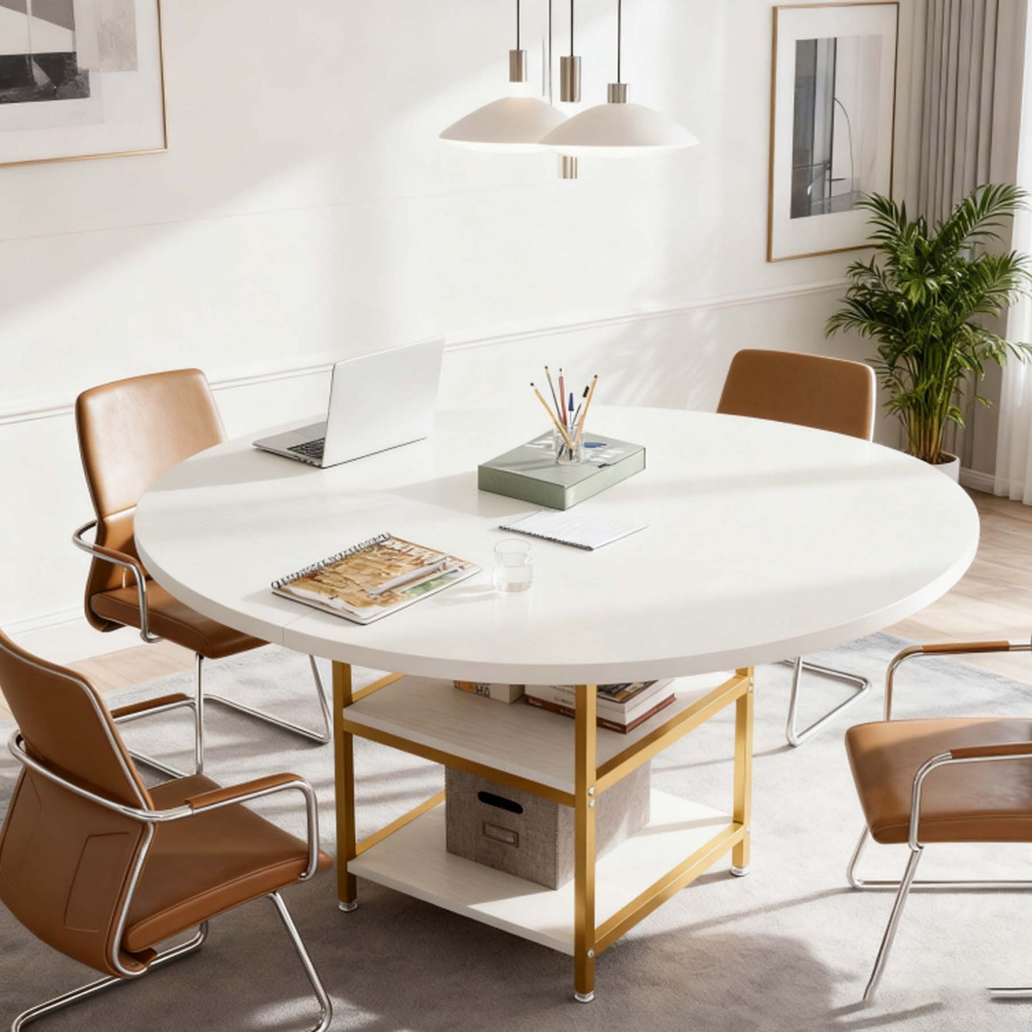 Ronde Vergadertafel – Conferentietafel – Meetingtafel – Bureaustafel – Kantoor­tafel – Wit & Goud Design – 47 Inch Rond – 2-Lagen Opbergrekken – Verstelbare Voetjes