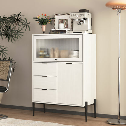 A sideboard featuring three drawers, one door and one glass door, with storage space in the wooden cabinet. Suitable for kitchens, dining rooms and hallways. Dimensions: 85 x 40 x 120 centimetres., Space-Saving Storage Unit,