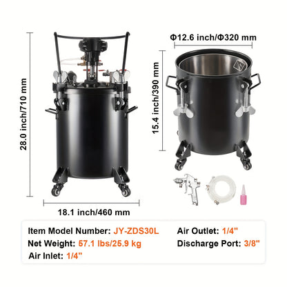 Verfspuit Drukvat – Spuitvat – Verfcontainer – Spuittank – Drukpot – 10 Liter Capaciteit – Automatisch Roersysteem – 1,5 mm Stalen Behuizing – Max 70 PSI