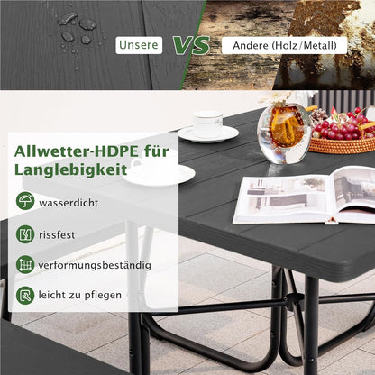 Picknicktafel – Tuinset – Buitenmeubel – Zitzet – Balkontafel – Zwarte Vierkante Tafel 170x170 cm – HDPE Kunststof & Parasolhouder