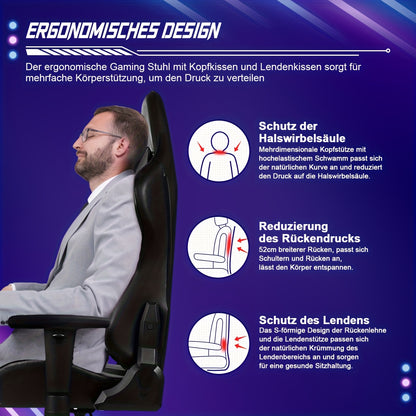 Ergonomische Gamingstoel – Gamestoel – Bureaustoel – Draaistoel – Kantelstoel – Variant 2 – Kantelfunctie tot 170° – Verstelbaar Lendenkussen en Hoofdsteun